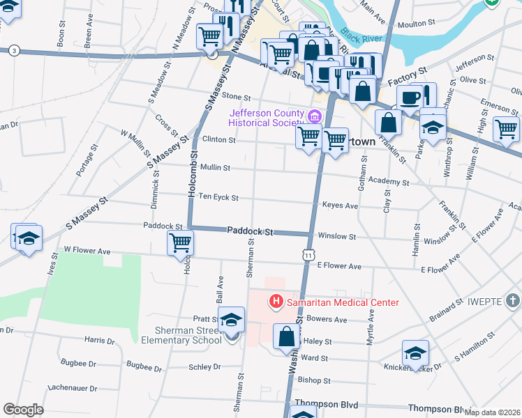 map of restaurants, bars, coffee shops, grocery stores, and more near 165 Ten Eyck Street in Watertown