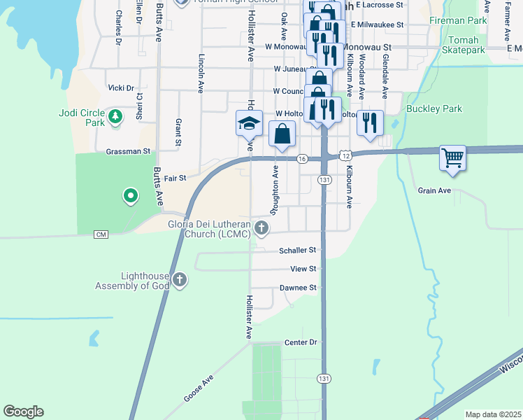 map of restaurants, bars, coffee shops, grocery stores, and more near 1815 Stoughton Avenue in Tomah