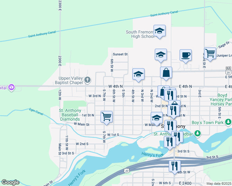 map of restaurants, bars, coffee shops, grocery stores, and more near 310 North 6th West in Saint Anthony