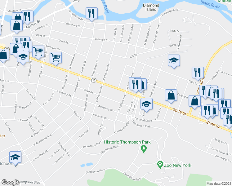 map of restaurants, bars, coffee shops, grocery stores, and more near 110 South Indiana Avenue in Watertown