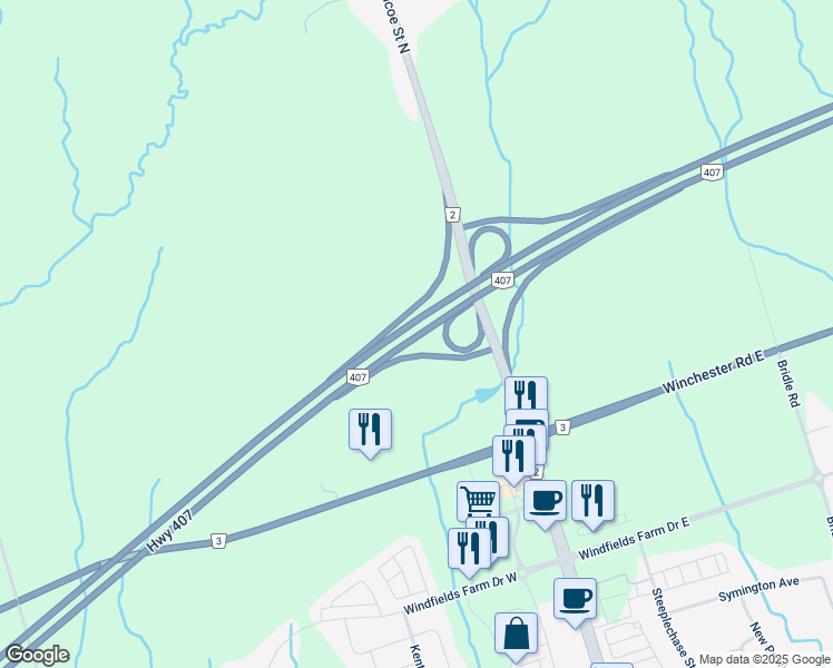 map of restaurants, bars, coffee shops, grocery stores, and more near Ontario 407 in Oshawa