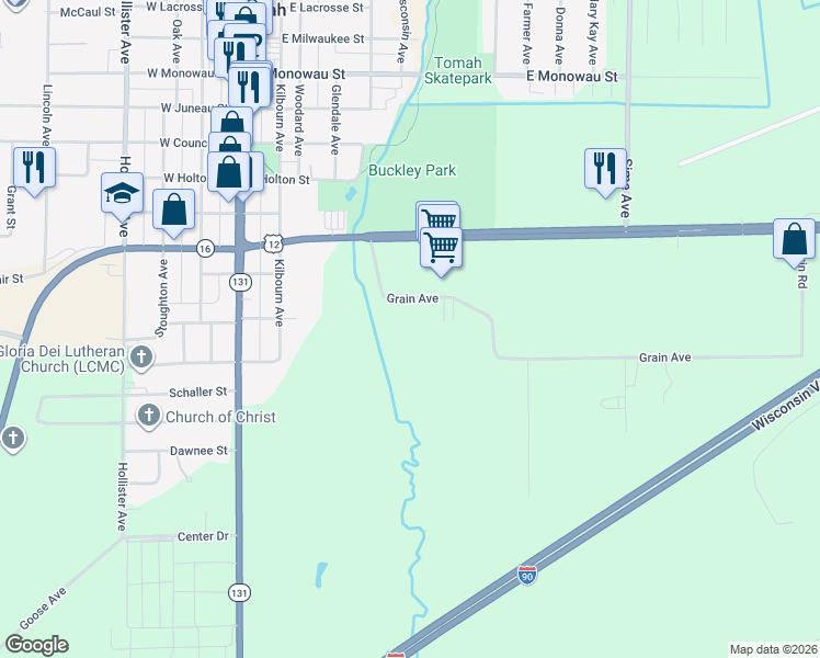 map of restaurants, bars, coffee shops, grocery stores, and more near 625 Grain Ave in Tomah