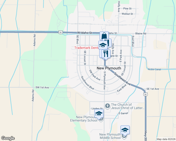 map of restaurants, bars, coffee shops, grocery stores, and more near 112 Southwest Park Avenue in New Plymouth