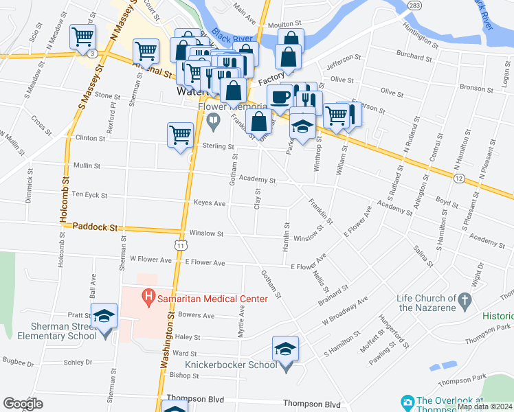 map of restaurants, bars, coffee shops, grocery stores, and more near Keyes Ave & Clay St in Watertown