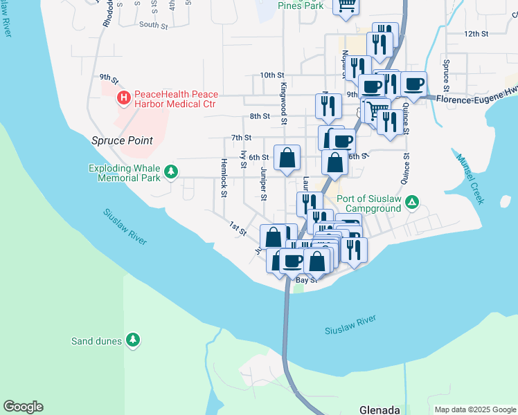 map of restaurants, bars, coffee shops, grocery stores, and more near 1067 2nd Street in Florence