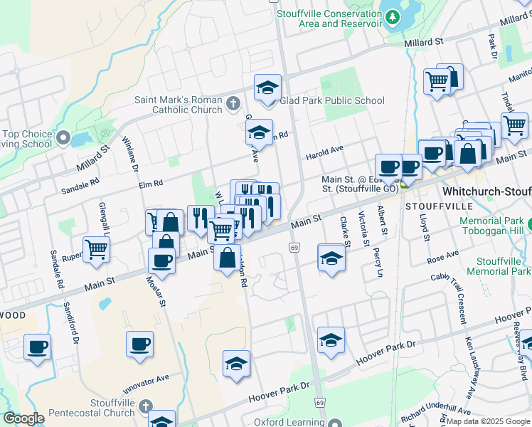 map of restaurants, bars, coffee shops, grocery stores, and more near 27 Winona Drive in Whitchurch-Stouffville