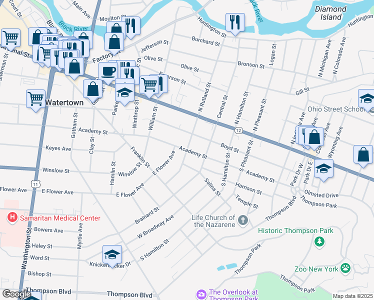 map of restaurants, bars, coffee shops, grocery stores, and more near 298 South Rutland Street in Watertown