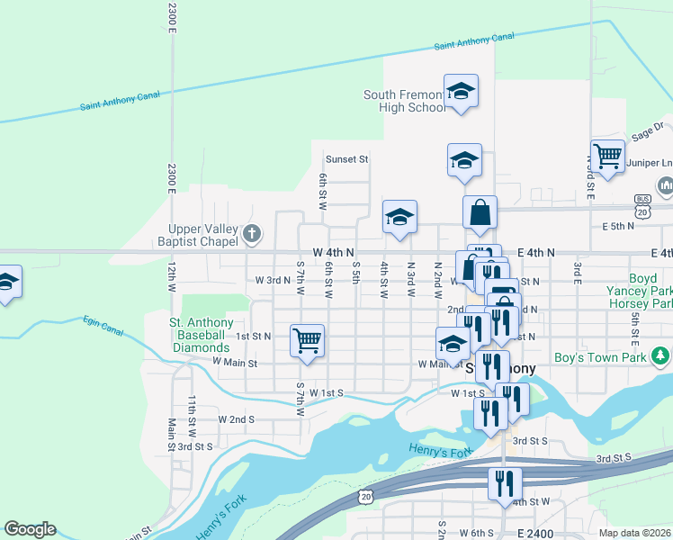 map of restaurants, bars, coffee shops, grocery stores, and more near 310 North 6th West in Saint Anthony