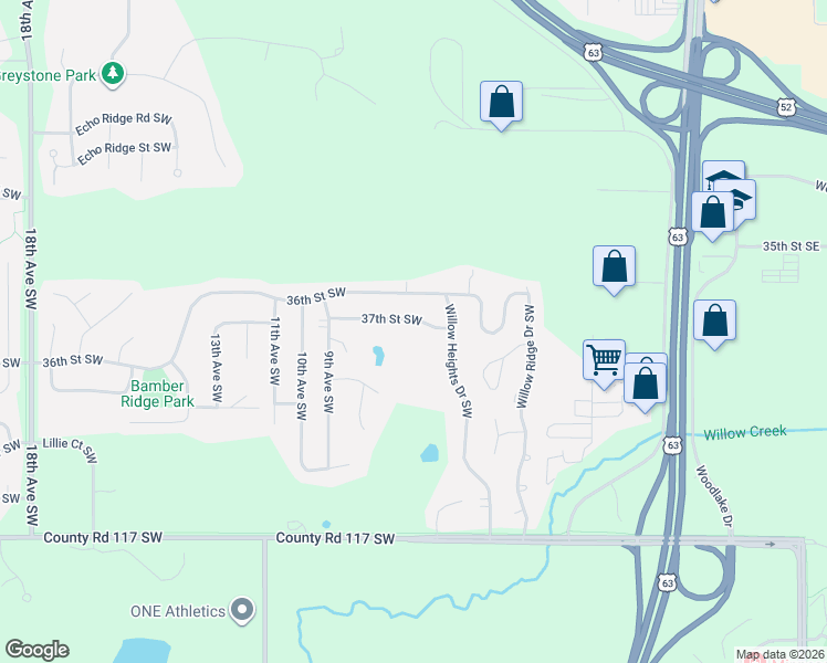 map of restaurants, bars, coffee shops, grocery stores, and more near 628 37th Street Southwest in Rochester