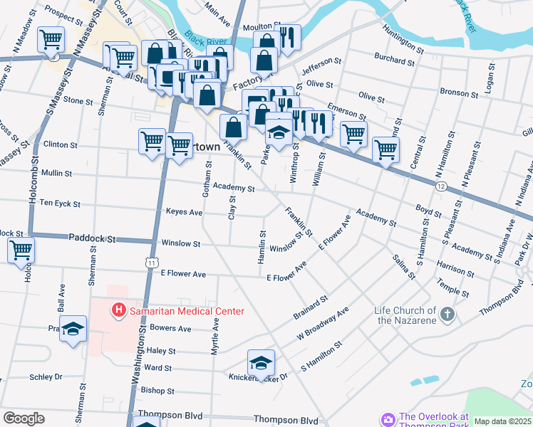map of restaurants, bars, coffee shops, grocery stores, and more near 324 Keyes Avenue in Watertown