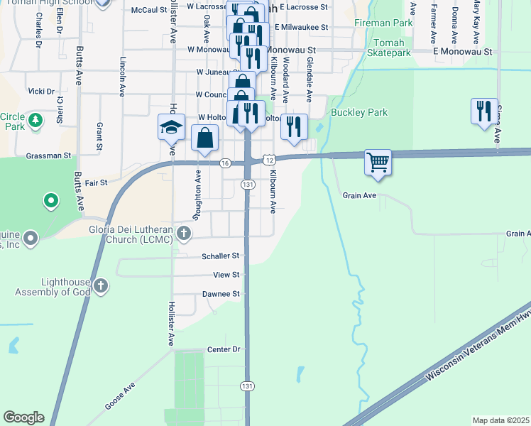 map of restaurants, bars, coffee shops, grocery stores, and more near 119 East Logan Street in Tomah