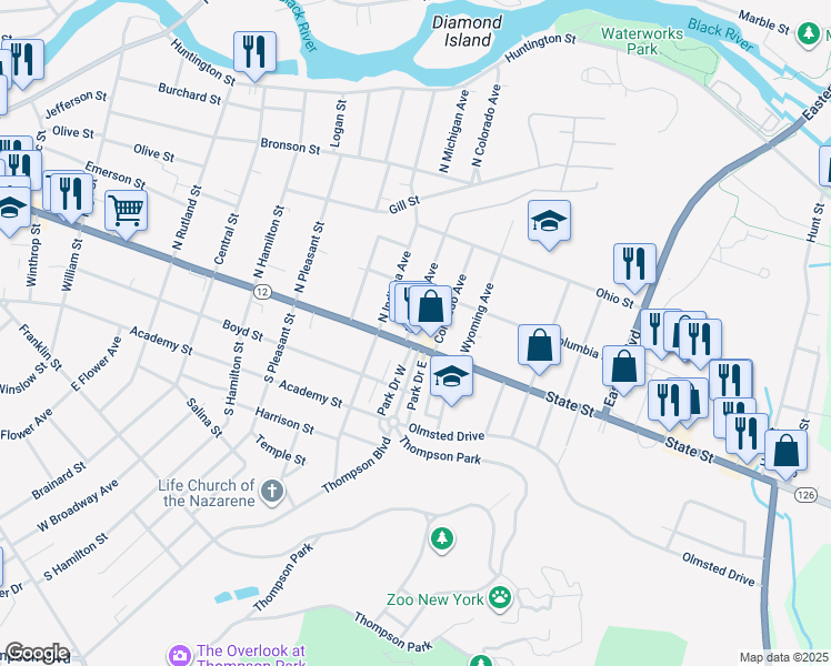 map of restaurants, bars, coffee shops, grocery stores, and more near 108 Michigan Avenue in Watertown