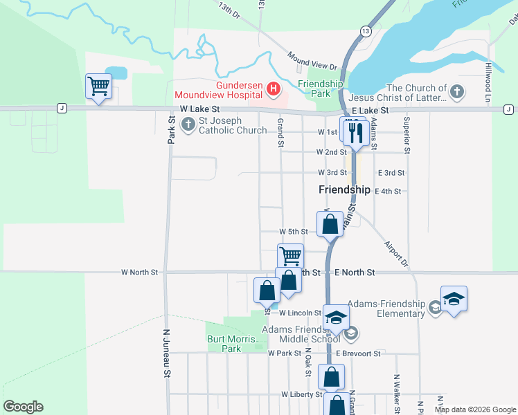 map of restaurants, bars, coffee shops, grocery stores, and more near 502 Quincy Street in Friendship