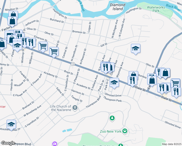 map of restaurants, bars, coffee shops, grocery stores, and more near 110 South Indiana Avenue in Watertown
