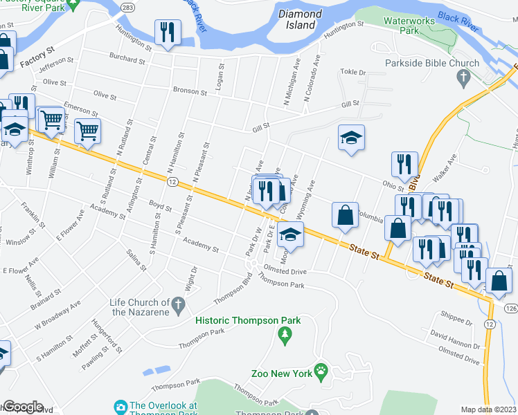 map of restaurants, bars, coffee shops, grocery stores, and more near 1217 State Street in Watertown