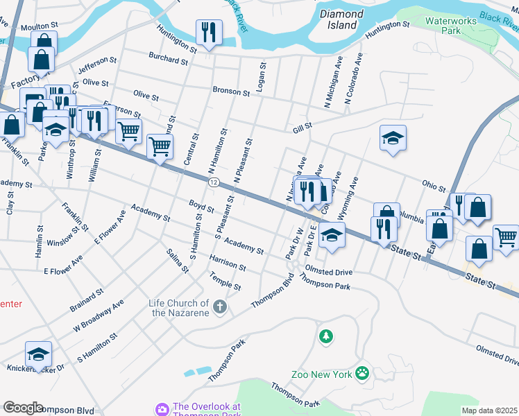 map of restaurants, bars, coffee shops, grocery stores, and more near 1136 State Street in Watertown