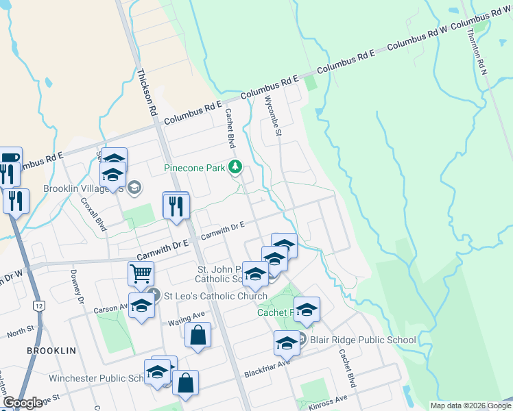 map of restaurants, bars, coffee shops, grocery stores, and more near 1 Hadleigh Way in Whitby