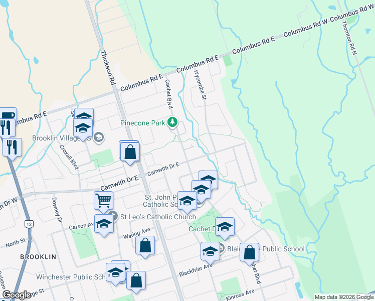 map of restaurants, bars, coffee shops, grocery stores, and more near 1 Hadleigh Way in Whitby