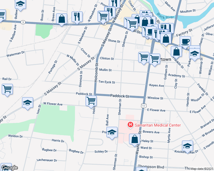 map of restaurants, bars, coffee shops, grocery stores, and more near 241 Ten Eyck Street in Watertown