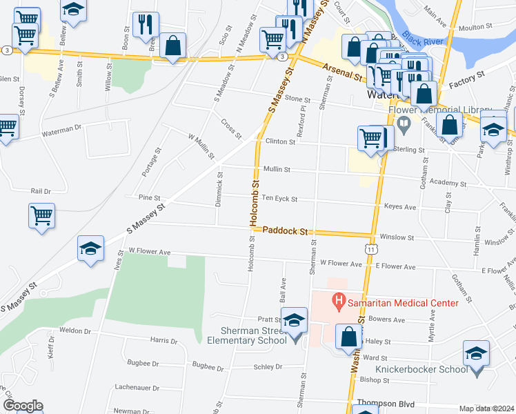 map of restaurants, bars, coffee shops, grocery stores, and more near 513 Holcomb Street in Watertown