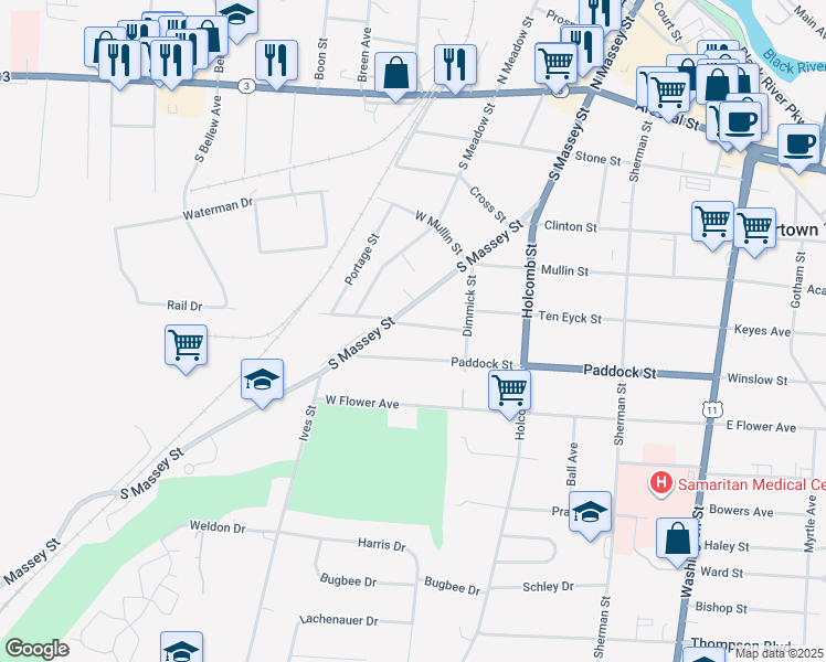 map of restaurants, bars, coffee shops, grocery stores, and more near 439 West Ten Eyck Street in Watertown