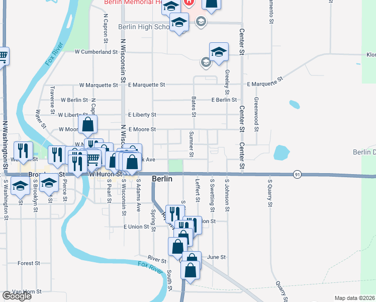map of restaurants, bars, coffee shops, grocery stores, and more near 231 East Park Avenue in Berlin