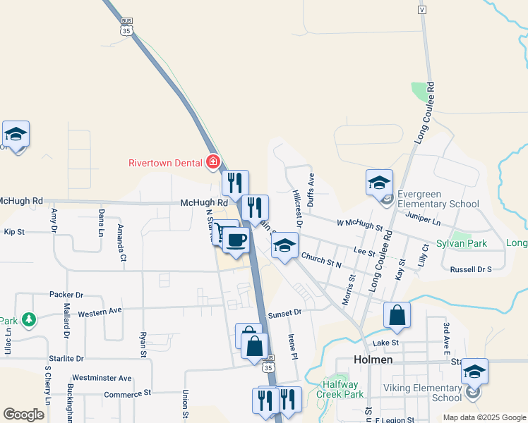 map of restaurants, bars, coffee shops, grocery stores, and more near 609 North Main Street in Holmen