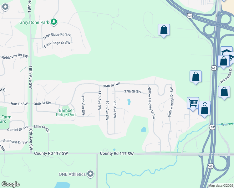 map of restaurants, bars, coffee shops, grocery stores, and more near 822 37th Street Southwest in Rochester