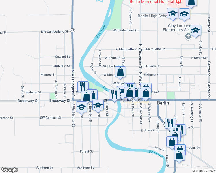 map of restaurants, bars, coffee shops, grocery stores, and more near 147 Water Street in Berlin