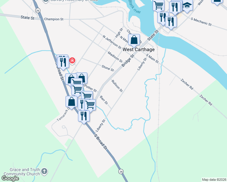 map of restaurants, bars, coffee shops, grocery stores, and more near 25 Barr Street in Carthage