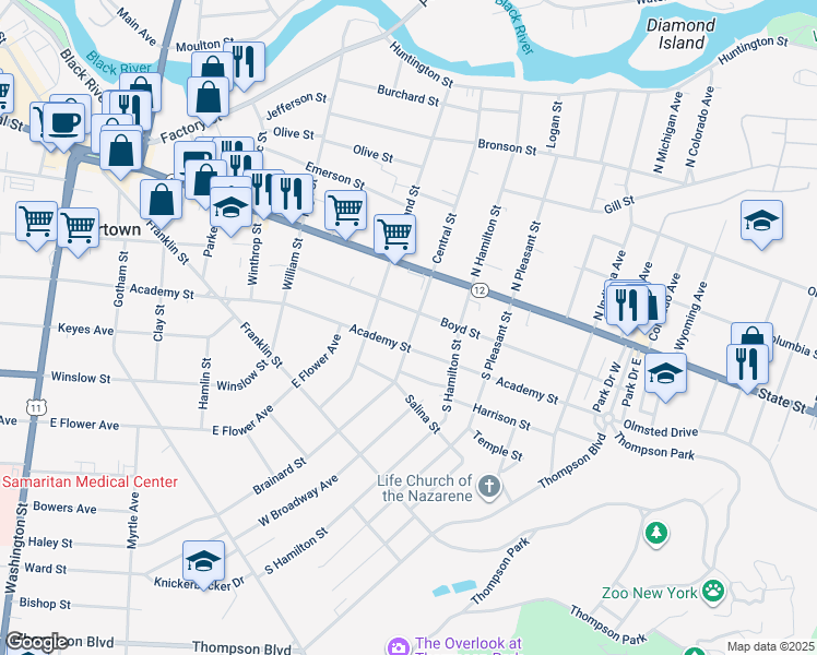 map of restaurants, bars, coffee shops, grocery stores, and more near 215 Arlington Street in Watertown