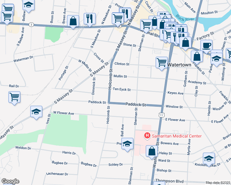 map of restaurants, bars, coffee shops, grocery stores, and more near 241 Ten Eyck Street in Watertown