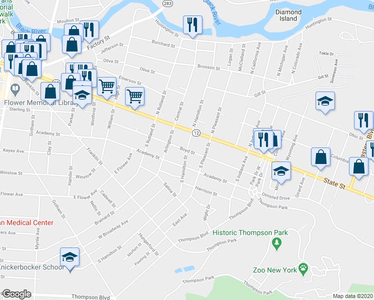 map of restaurants, bars, coffee shops, grocery stores, and more near 1001 Boyd Street in Watertown