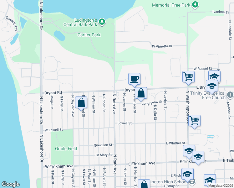 map of restaurants, bars, coffee shops, grocery stores, and more near 1035 North Rath Avenue in Ludington