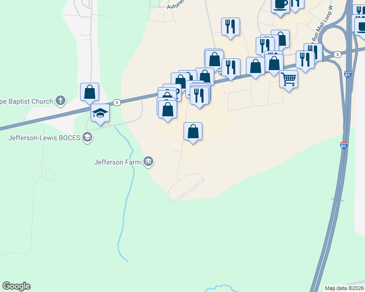 map of restaurants, bars, coffee shops, grocery stores, and more near 21800 Towne Center Drive in Watertown