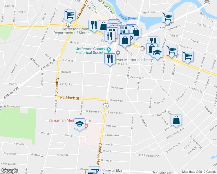 map of restaurants, bars, coffee shops, grocery stores, and more near Washington St & Keyes Ave in Watertown