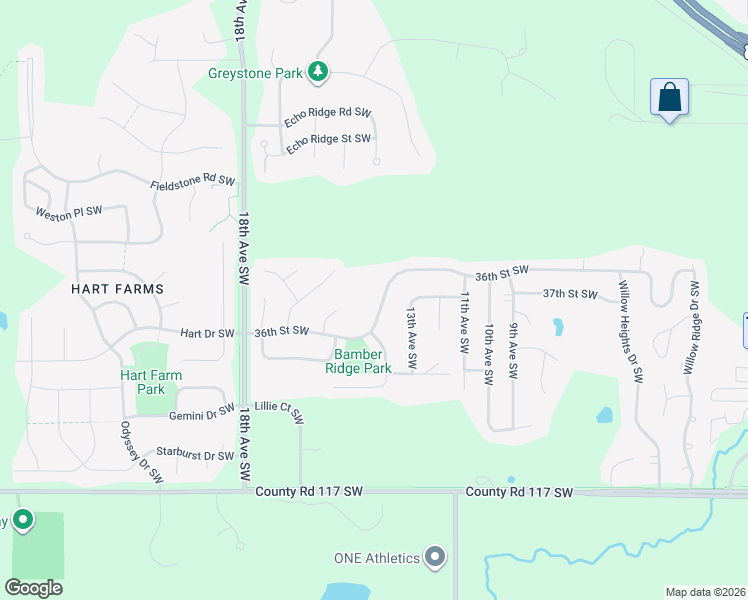 map of restaurants, bars, coffee shops, grocery stores, and more near 1402 36th Street Southwest in Rochester