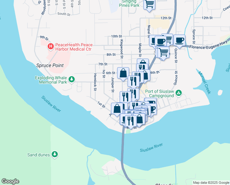 map of restaurants, bars, coffee shops, grocery stores, and more near 370 Juniper Street in Florence