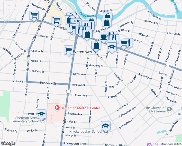 map of restaurants, bars, coffee shops, grocery stores, and more near 217 Keyes Avenue in Watertown