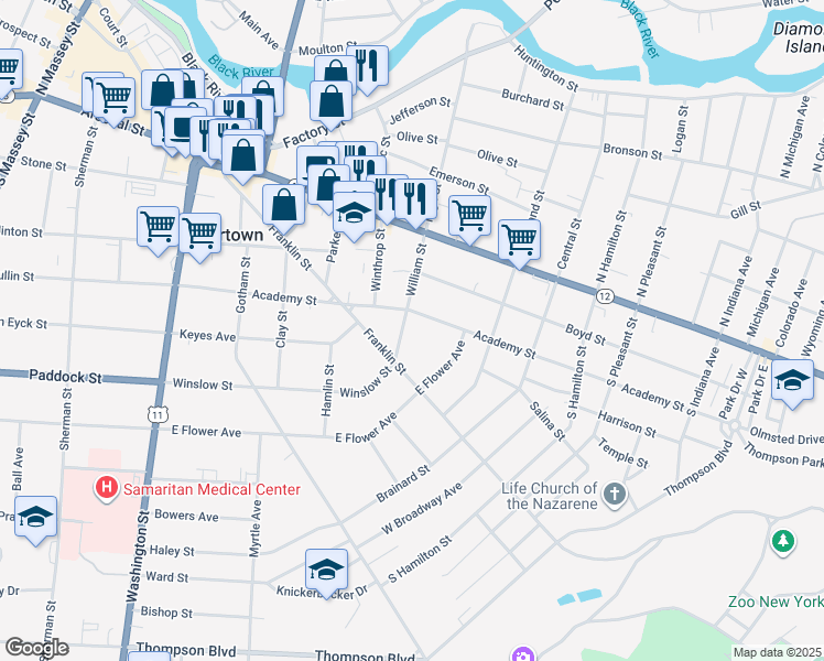 map of restaurants, bars, coffee shops, grocery stores, and more near 326 William Street in Watertown