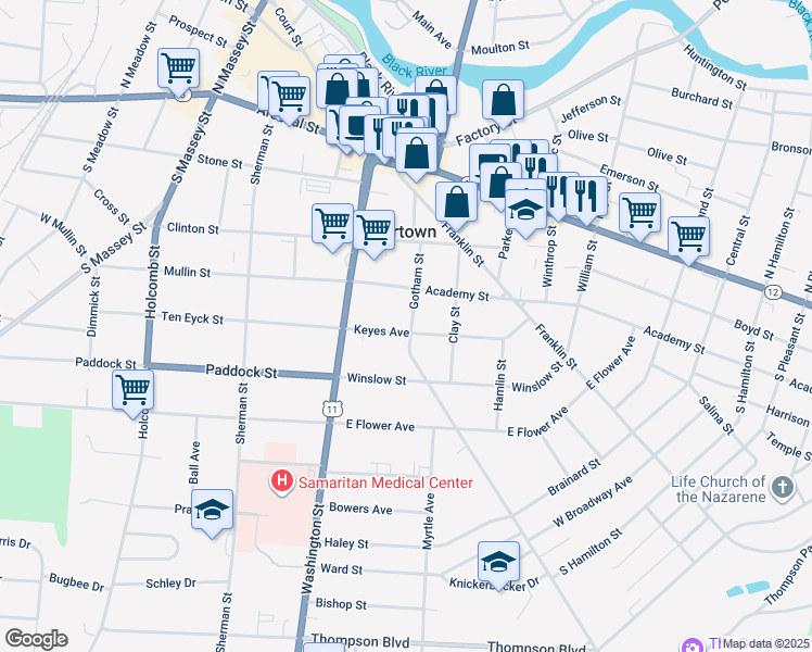 map of restaurants, bars, coffee shops, grocery stores, and more near 204 Keyes Avenue in Watertown