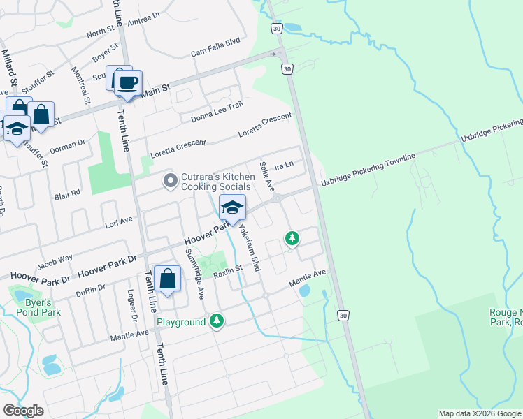 map of restaurants, bars, coffee shops, grocery stores, and more near 114 Juglans Crescent in Whitchurch-Stouffville