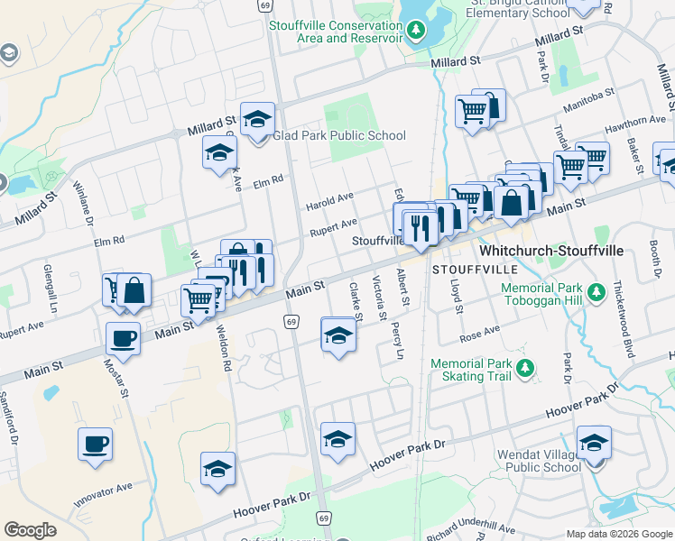 map of restaurants, bars, coffee shops, grocery stores, and more near 6038 Main Street in Whitchurch-Stouffville