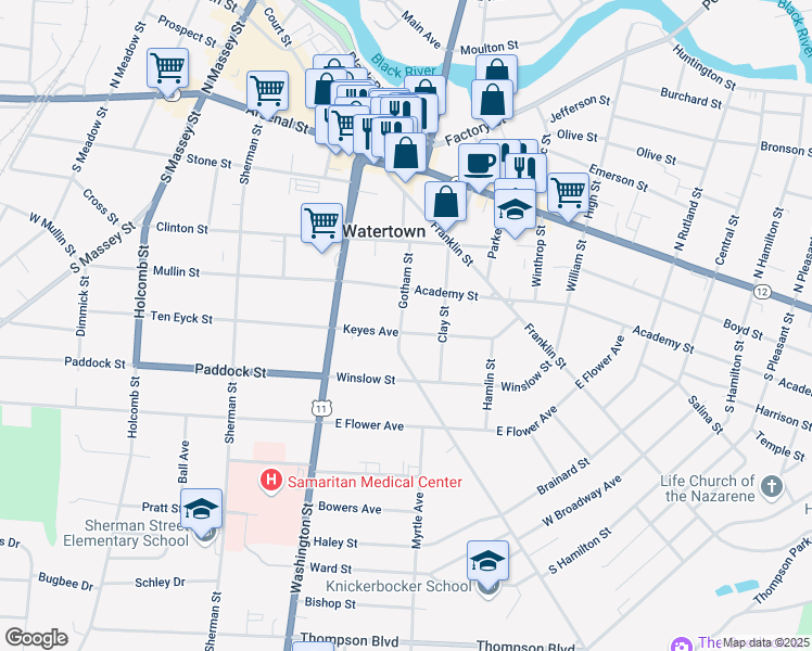 map of restaurants, bars, coffee shops, grocery stores, and more near 203 Keyes Avenue in Watertown