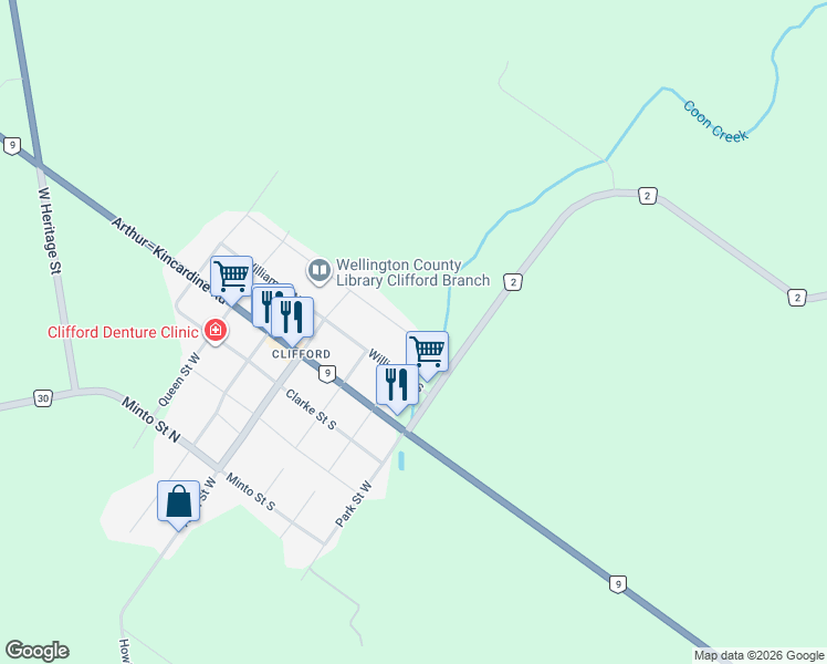map of restaurants, bars, coffee shops, grocery stores, and more near 21 Brown Street South in Clifford