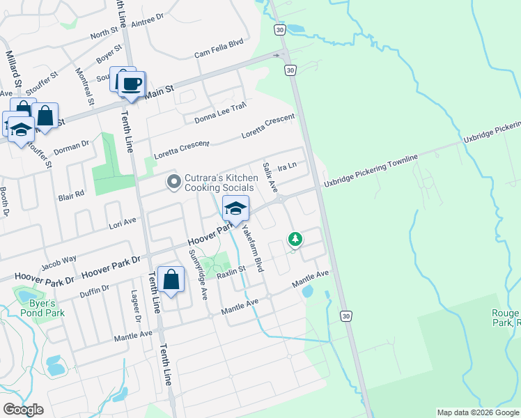 map of restaurants, bars, coffee shops, grocery stores, and more near 2 Hoover Park Drive in Whitchurch-Stouffville
