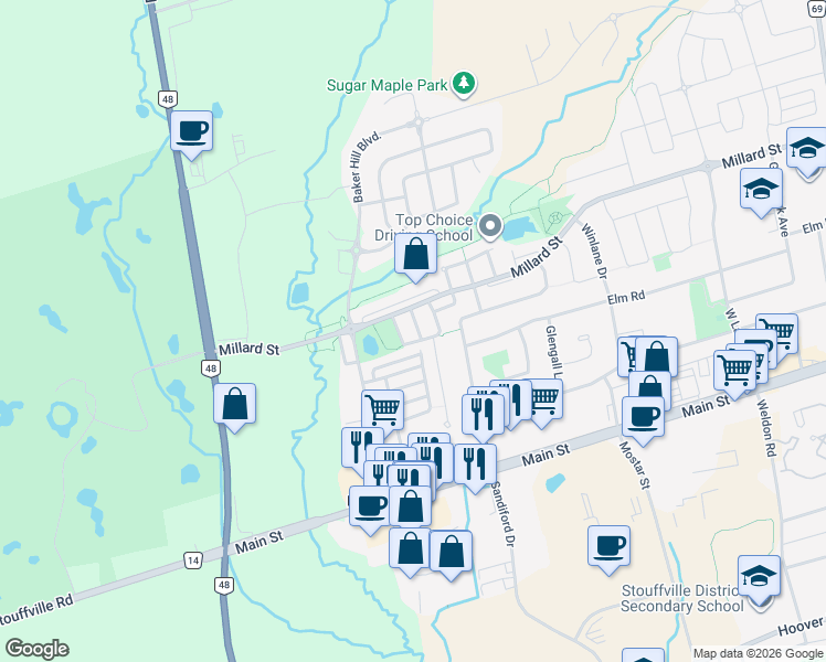 map of restaurants, bars, coffee shops, grocery stores, and more near 22 Latitude Lane in Whitchurch-Stouffville