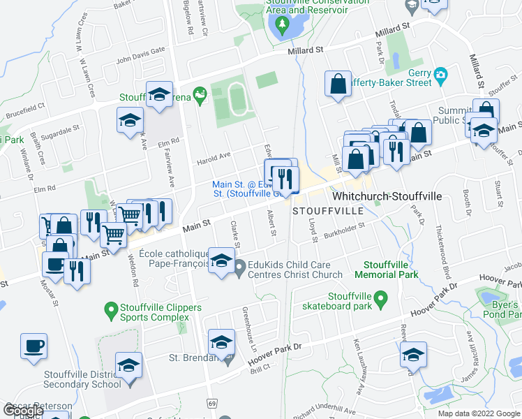 map of restaurants, bars, coffee shops, grocery stores, and more near 6147 Main Street in Whitchurch-Stouffville