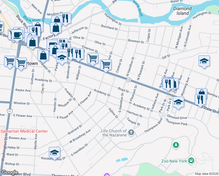 map of restaurants, bars, coffee shops, grocery stores, and more near 215 Arlington Street in Watertown