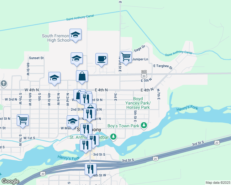 map of restaurants, bars, coffee shops, grocery stores, and more near 307 East 3rd North in Saint Anthony